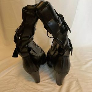 Susanny Women's Mid Calf Leather Boots High Heel Lace Up Military Buckle, Blk,39